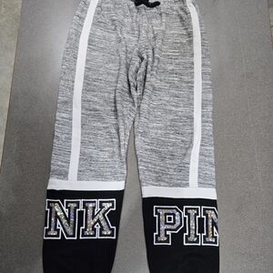 💥PINK Victoria's Secret Heather Gray and Black Joggers with White Stripes